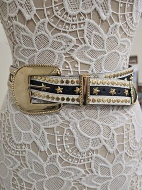 Gold-Accented Black & White Star Western 80's Rock & Roll Studded Belt
